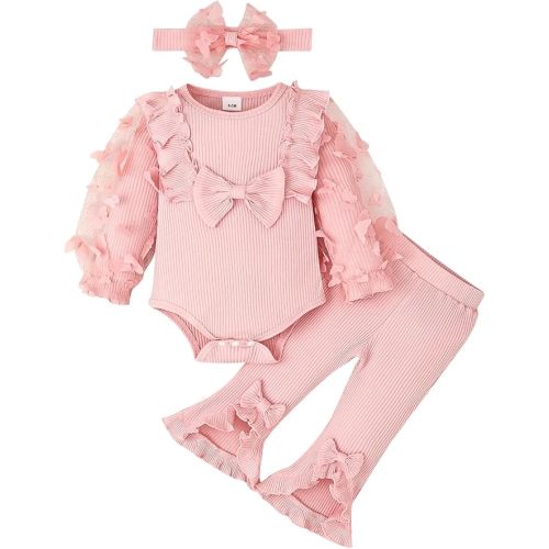 Baby Girl Clothes Newborn Outfits 3D Butterfly Long Sleeve Romper Flare Pants with Bow Headband Set 0-18 Months