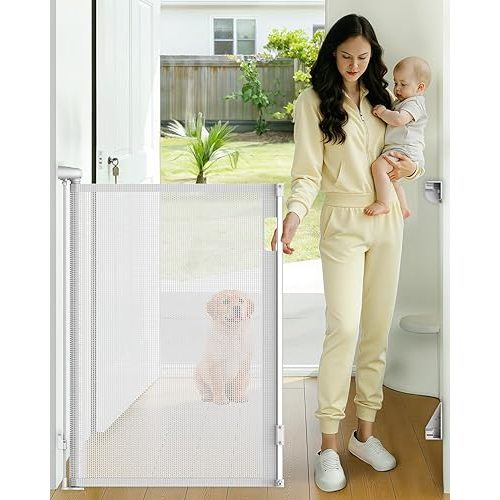 Retractable Baby Gate, 38" Extra Tall Mesh Baby Gate with Auto-Tension Design, 55" Wide One-Hand Operation Dog Gates for Doorways and Hallways, Safety Gate for Babies and Pets, White