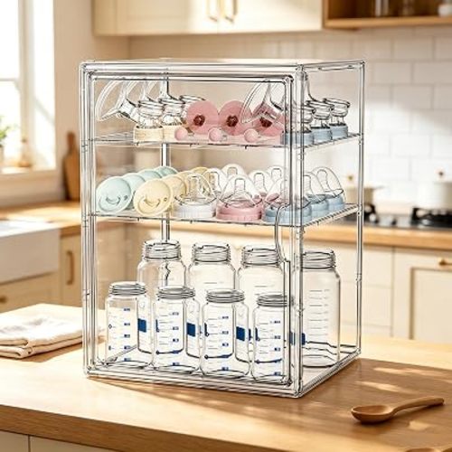 MSHOMEY Baby Bottle Storage Organizer for Countertop Cabinet 4 Tiers Clear Plastic Bottle Station Organizer with 3 Adjustable Divider, Large Baby Bottles Holder Rack for Rings, Nipples, Pump Parts