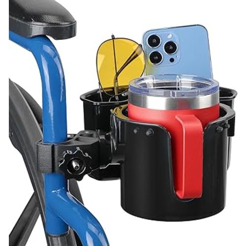 JOYTUTUS Wheelchair Cup Holder, 2-in-1 Walker Cup Holder with Storage Box, Cup Drink Holder for Bottle with Handle, Fit for Wheelchair, Walker, Rollator, Stroller, Camper, Golf cart