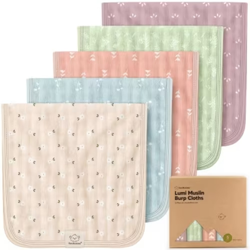 5pk Lumi Muslin Burp Cloths for Baby Boys, Girls, Organic Baby Burp Cloths, Burping Cloths for Babies (Bloom)