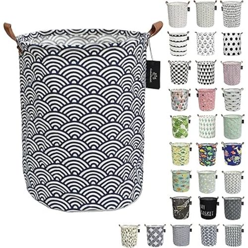 laundry baskets,bedroom hamper,kitchen organization,Waterproof Round Cotton Linen Collapsible storage basket. (Blue Waves)
