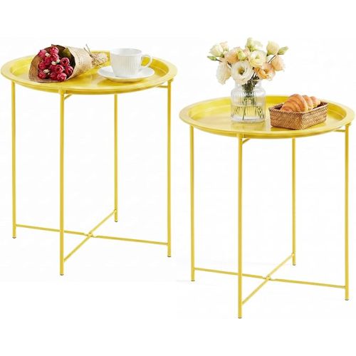 VECELO Round Side/End Table with Fabric Storage Basket，Metal Anti-Rust and Waterproof Small Bedside Nightstand with Removable Tray Top for Living Room，Balcony & Laundry，YELLOW /2pcs with Basket