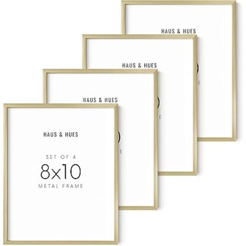 HAUS AND HUES 8x10 Gold Picture Frames - Modern Aluminum Wall Display - Lightweight Frames for Photos and Prints - Ready-to-Hang Vertically & Horizontally (Set of 4)