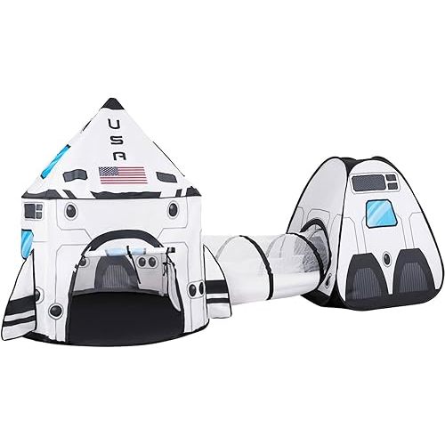 JOYIN White Rocket Ship Pop up Play Tent with Tunnel and Playhouse Kids Indoor Outdoor Spaceship Tent Set