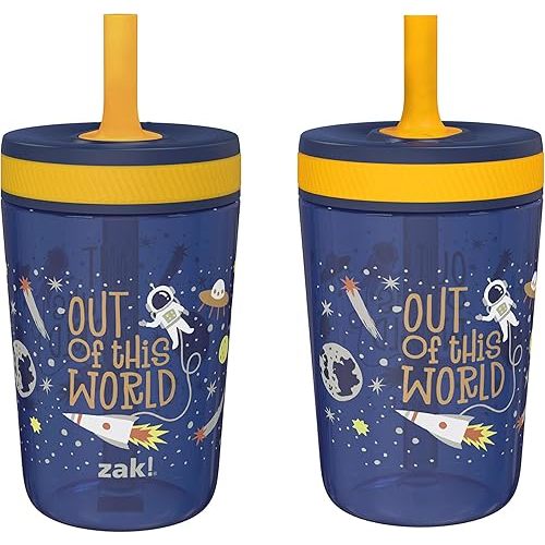 Zak Designs Kelso 15 oz Tumbler Set, (Space) Leak-Proof Screw-On Lid with Straw Made of Durable Plastic and Silicone, Perfect Cup Bundle for Kids (2pc Set)