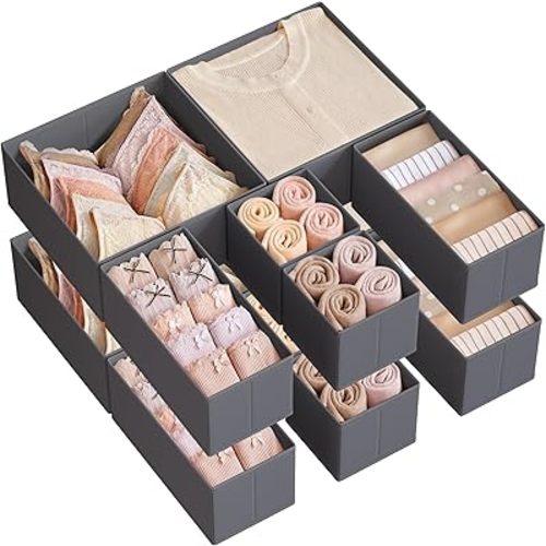 SONGMICS Drawer Organizer, Dresser Drawer Organizers, Set of 12, Foldable Fabric Storage Bins for Socks, Underwear, Bras, Ties, Scarves, Slate Gray URDZ006G03