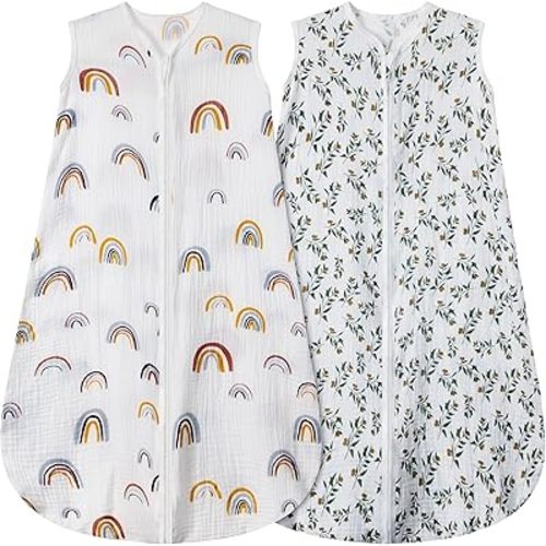 2 Pack Baby Sleep Sack 6-12 Months 100% Organic Cotton Muslin Baby Sleeping Bag 2-Way Zipper Wearable Blankets (Rainbow & Leaf, Medium)