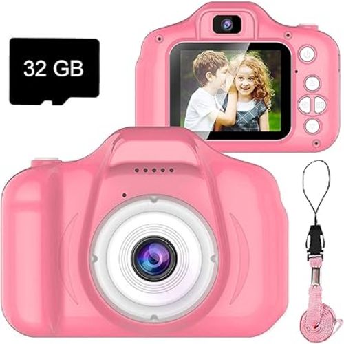 Upgrade Kids Selfie Camera, Christmas Birthday Gifts for Girls Age 3-9, HD Digital Video Cameras for Toddler, Portable Toy for 3 4 5 6 7 8 Year Old Girl with 32GB SD Card (Pink