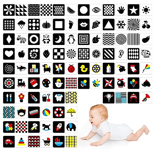 100 Pages Black White Colorful Baby Visual Stimulus Flashcard, 50 PCS High Contrast Baby Flashcards Sensory Toys for Newborn Infant Gift (2 Levels 0-6 Months, 5.5” X 5.5”)
