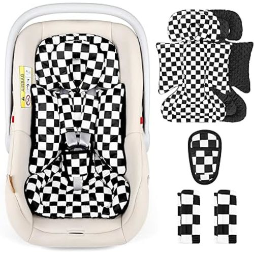 DILIMI Infant Car Seat Insert, Baby Car Seat Head Support with Removable Headrest, Adjustable Newborn Car Seat Cushion with3 Strap Paddings for Stroller, Swing, Bouncers, Black Lattice