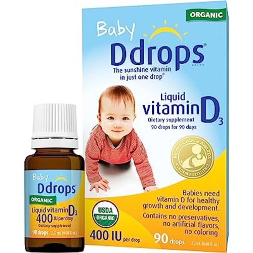 Ddrops Organic Baby 400 IU 90 Drops - Daily Vitamin D Liquid for Infants. Supports Teeth & Bone Health. No Preservatives, No Sugar, Non-GMO, Allergy-Friendly