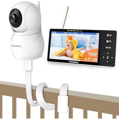 HelloBaby 720P Wall Mounted Baby Monitor with Camera and Audio No WiFi, 5.5'' HD Easy Set Up Video Baby Monitor, Remote Pan Tilt Zoom, Night Light