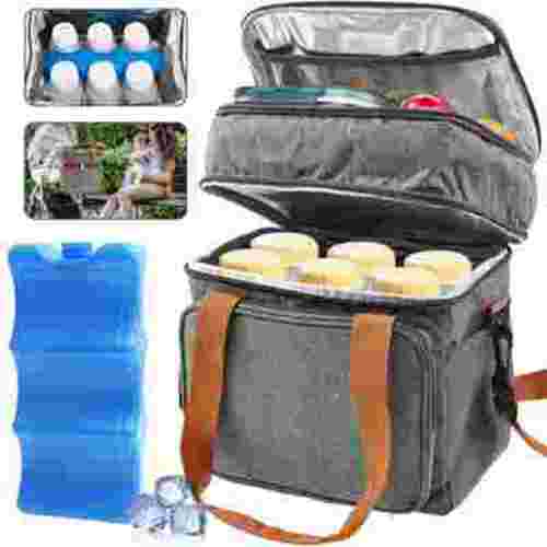 Breastmilk Cooler Bag with Ice Pack Waterproof Insulated Baby Bottle Tote with Shoulder Strap Double Layer Baby Bottle Tote Portable for Outside Picnic