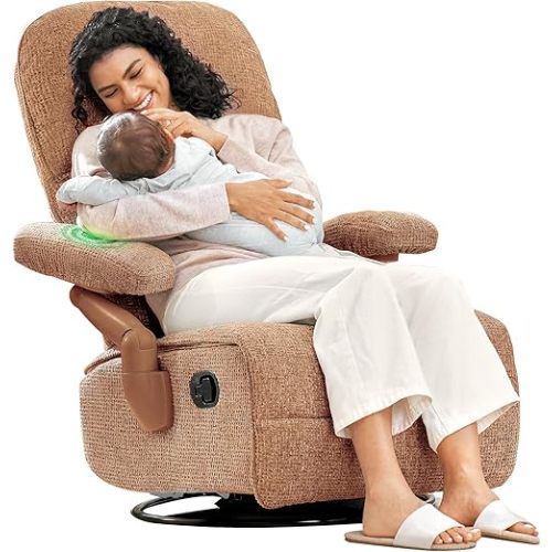 Nursery Swivel Glider Recliner Chair with Adjustable Armrests & Headrest, Slient Rocking Chair Nursery with Removable Cover for Breastfeeding, FSC & Oeko-TEX Certified, Brown