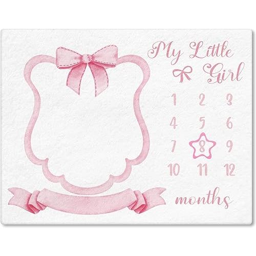 Trendy Pink Bow Coquette Baby Milestone Blanket Coquette Flannel Blanket Newborn Infant Swaddle Growth Baby Frame for Boys Girls Nursery (Bow, Pink)