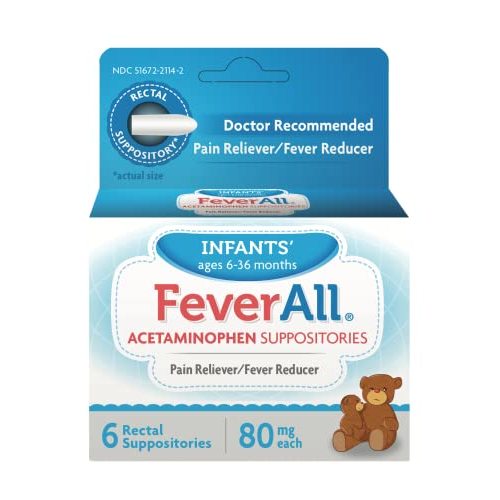 FeverAll Infants Acetaminophen Suppositories 6 Rectal Suppositories 80mg each (Pack of 2)