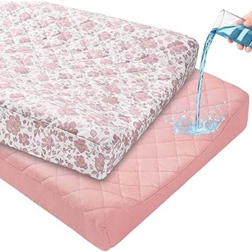 FIOBEE Changing Pad Cover Waterproof 2 Pack Quilted Diaper Change Table Sheets Breathable & Ultra Soft for Newborn Baby Boys Girls Fitted Changer Pads 32"x 16", Pink