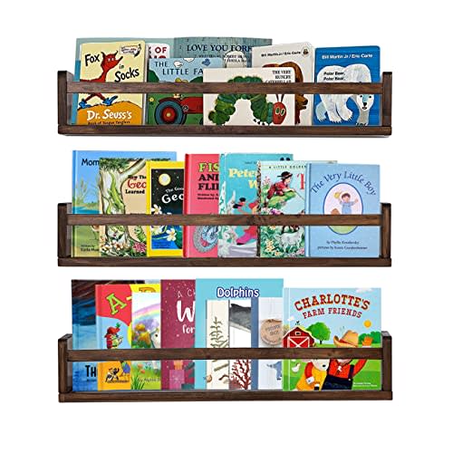 AZSKY Nursery Book Shelves 24 in Set of 3 Walnut Floating Bookshelf for Kids Room Wall Mounted Floating Shelves Solid Nursery Bookshelf Perfect Decor for Kitchen Bedroom Living Room
