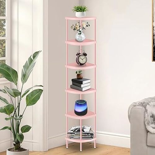 6 Tier Corner Shelf Stand, 66” Tall Corner Bookshelf Multipurpose Shelving Unit, Corner Stand Display Rack Home Organizer Shelves for Bedroom Living Room, Pink