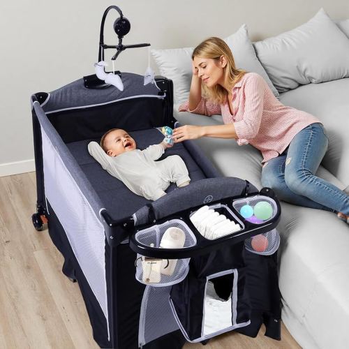 4 in 1 Pack n Play, Multifunction Baby Bassinet Bedside Crib, Portable Baby Nursery Center Playard w/Changing Table, Storage Basket, One-Hand Folding Playpen for Newborn to Toddlers