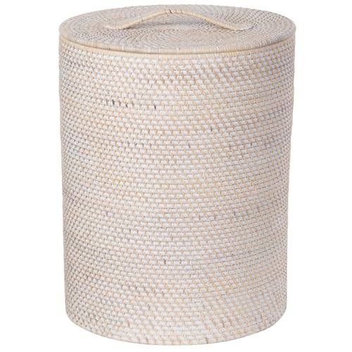 KOUBOO Round Rattan Small Laundry Hamper with Removable Liner and Lid - Coastal, Natural Decor Style - Small Size for Apartment Living - Latte Color
