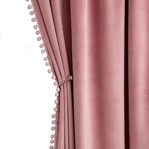 MIULEE Blush Pink Pom Pom Velvet Curtains for Bedroom/Living Room Darkening Thermal Insulating 84 Inches Long Blackout Curtains with Rod Pocket for Girls Room/Nursery/Home Theater Set of 2