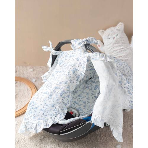 Blue Toile De Jouy Car Seat Canopy & Cushion | Baby Boy Gift | Stroller or Car Seat Cover Set