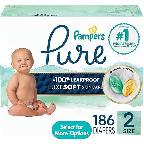 Pampers Pure Protection Diapers - Size 2, 186 Count, Hypoallergenic Unscented Disposable Baby Diapers