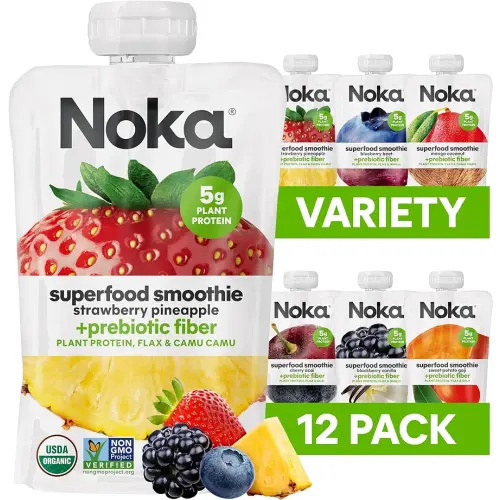 Noka Superfood Fruit Smoothie Pouches Variety Pack, Healthy Snacks with Flax Seed, Plant Protein and Prebiotic Fiber, Vegan and Gluten Free Snacks, Made in USA, Organic Squeeze Pouch, 4.22 oz, 12 Count