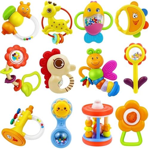 MOONTOY 12pcs Baby Rattles Set Teether Toys for Babies 0-6 Months Infant Baby Gifts Easter Basket Stuffers, Baby Toys 6-12 Months Teething Toys 3-6 Months Newborn Boy Girl 0 1 2 3 4 5 6 7 8 9 10 Month