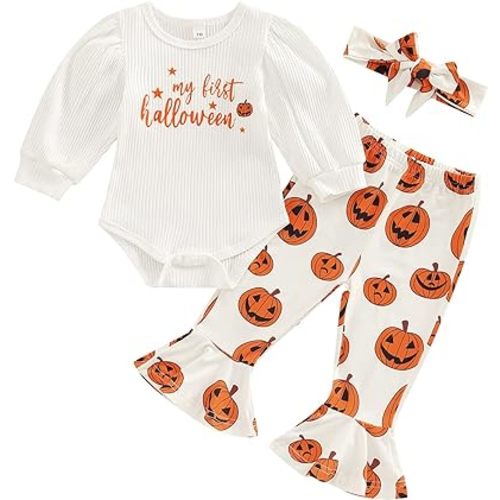 My First Halloween Baby Girl Outfit Puff Sleeve Romper Pumpkin Bell Bottoms Headband Newborn Halloween Clothes Set