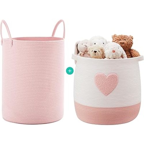 80L Extra Large Cotton Rope Laundry Hamper Basket for Girls Kids Nursery Baby Woven Dirty Clothes Hamper for Little Girls Room Bedroom Decor Light Pink