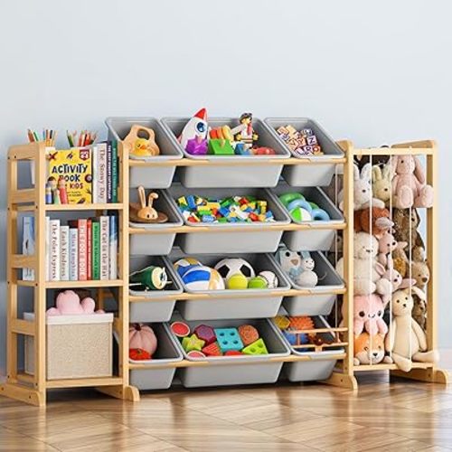 Toy Storage Organizer with Bookshelf and Stuffed Animal Storage - Kids Playroom Organization with Shelves and 12 Toy Bins - Toddler Living Room Toy Box for Lego - Nursery Bedroom Decor Essentials
