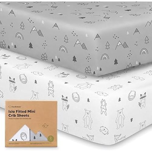 Pack and Play Sheets Fitted - 2-Pack Mini Crib Sheets for Pack N Play Mattress 38x26, Soft & Cozy, Neutral Toddler Playard Bedding, Snug Fitted Mini Baby Crib Mattress Cover Boy, Girl (Woodland)
