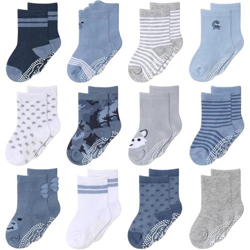 The Peanutshell Organic Baby Boy Socks for 3-12, 12-24 Months - Non-Slip Grip, 100% Cotton Baby Crew Socks - Blue, Gray