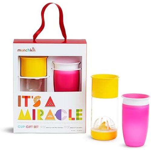 Munchkin® It's a Miracle! 360 Sippy Cup Gift Set, Includes 10oz Miracle® Cup and 14oz Miracle Fruit Infuser, Pink/Yellow