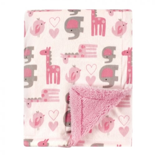Luvable Friends Baby Girl Plush Blanket with Faux Shearling Back, Girl Safari, One Size