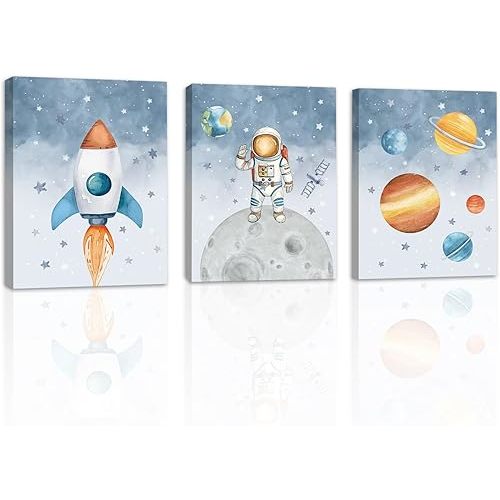 KAlRNE Outer Space Nursery Canvas,Astronaut Wall Art,Planet Wall Decor,Rocket Art Prints,Set of 3(12X16 Inch,Framed) Explore Dream Galaxy Painting for Boys Space Nursery Bedroom Playroom Decor