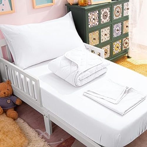 NTBAY Toddler Bedding Set - 4 Piece Soft and Breathable Crib Bedding Set for Boys and Girls, Includes Quilted Comforter, Fitted Sheet, Flat Top Sheet and Envelope Pillowcase, White
