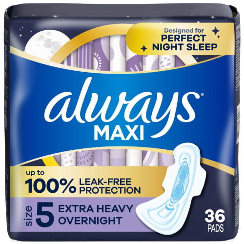 Always Maxi Pads with Wings, Size 5, Extra Heavy Overnight, 36 Count HSA/FSA Eligible