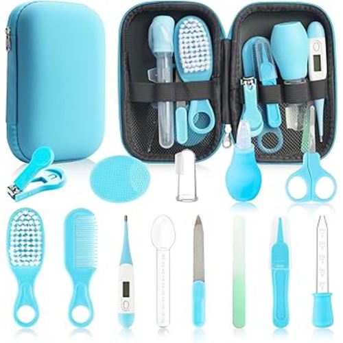 Baby Healthcare and Grooming Kit, 14 in 1 Baby Safety Set Newborn Nursery Health Care Set with Hair Brush Scale Nail Clippers for Baby Girls Boys (Blue 14 in 1)