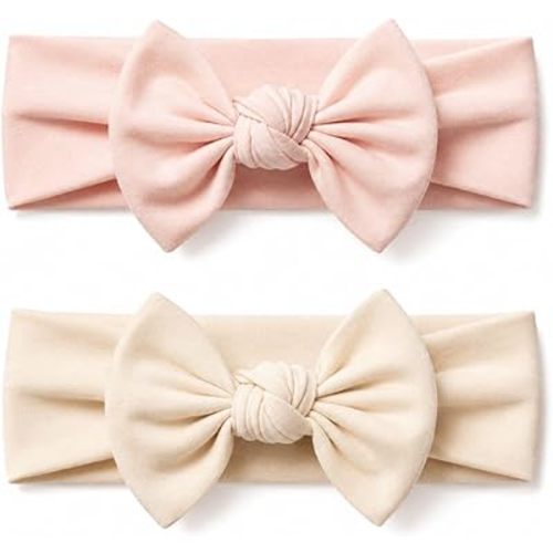 Baby Girl Headbands-Infant,Toddler Cotton Handmade Hairbands with Bows Child Hair Accessories (2, Powder Pink- Light Beige, 3-36 Month)