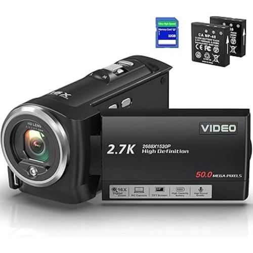 Video Camera 2.7K QHD Camcorder 50MP YouTube Vlogging Camera 16X Digital Zoom Camcorders with Webcam 270 Degree Rotation Screen 32G SD Card and 2 Batteries Recording While Charging