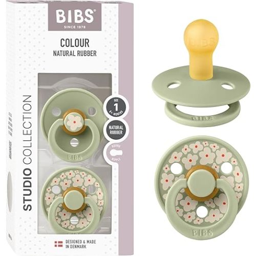 BIBS Pacifiers - Colour Studio 2 Pack | Round Nipple Baby Pacifier | BPA Free Natural Rubber Latex Soother | Made in Denmark | Size 0+ Months | Jasmine Sage