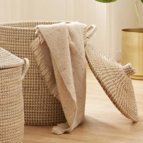 Adira White and Natural Seagrass Basket with Lid (Large)
