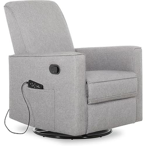 Evolur Raleigh Upholstered Plush Seating Swivel Glider, Recliner in Light Grey, Greenguard Gold Certified, Modern Nursery Glider with in-Built Massager, Tool-Free Assembly