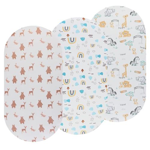 Bassinet Sheets 3 Pack Fitted for Baby Boy and Girl, Stretchy Soft Knitted Baby Sheet Set Universal for Oval Rectangle and Hourglass Bassinet Mattress, Unisex Cute Animal Printing