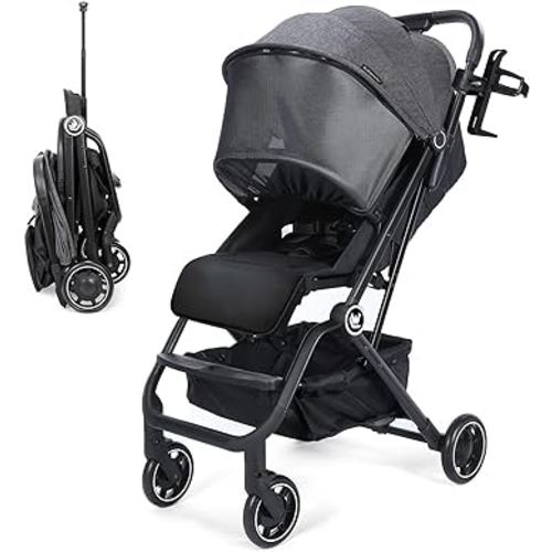 Lightweight Baby Stroller, Compact Travel Stroller with Cup Holder & Sleep Shade, Oversize Basket, One Hand Easy Foldable Stroller for Airplane Travel and More