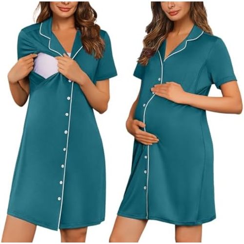 Ekouaer Button Down Nursing Nightgown V Neck Breastfeeding Dress Short Sleeve Classic Maternity Pajamas